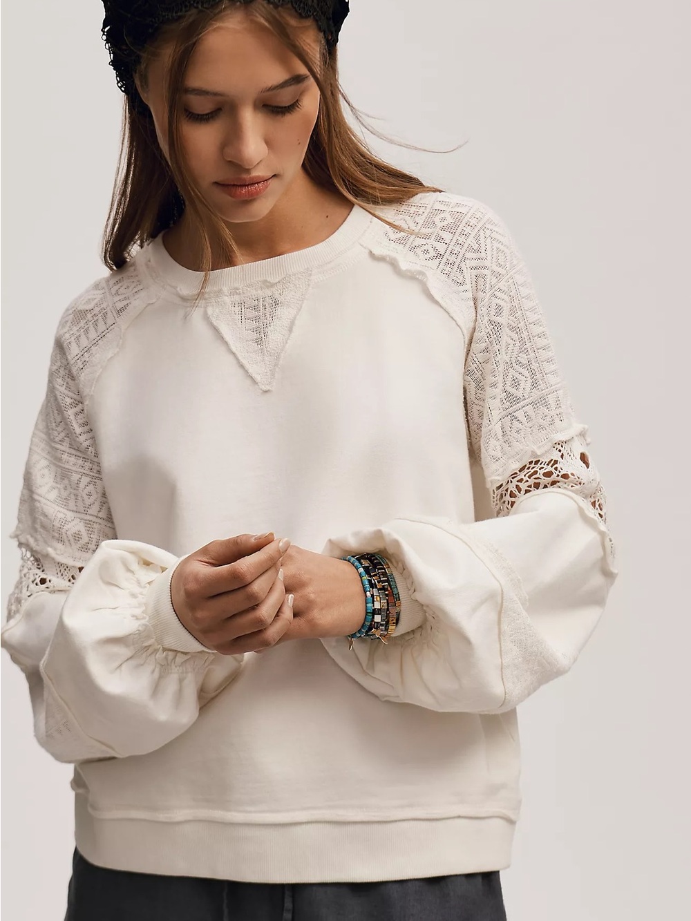 By Anthropologie Lace Balloon-Sleeve Top Crochet Bohemian Indie